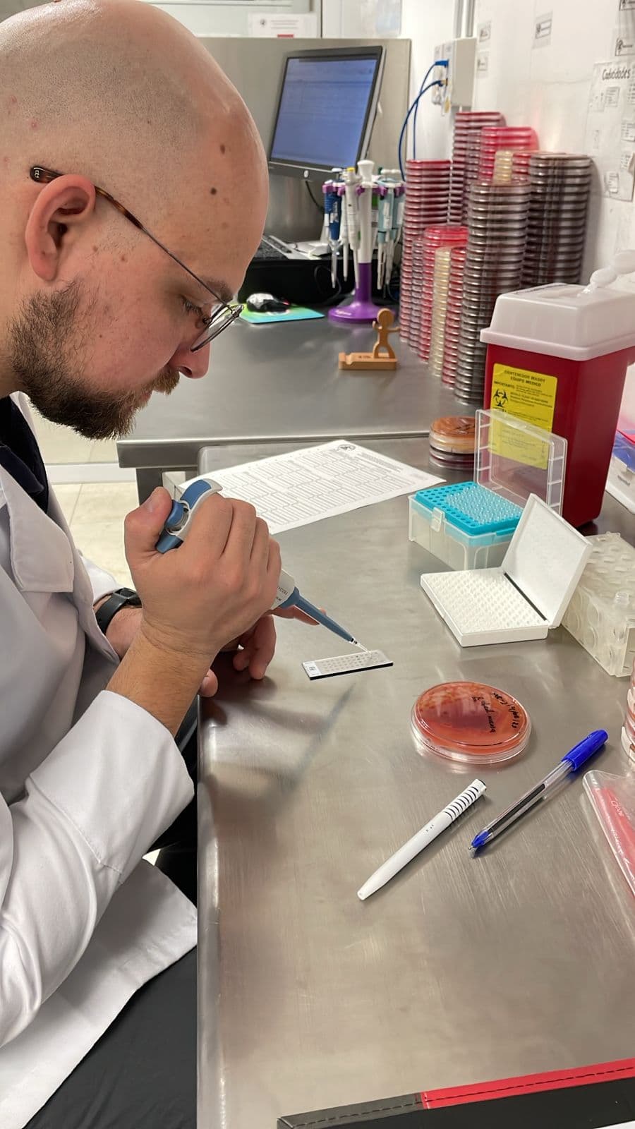 Investigador preparando una muestra con micropipeta para identificarla por MALDI-TOF.