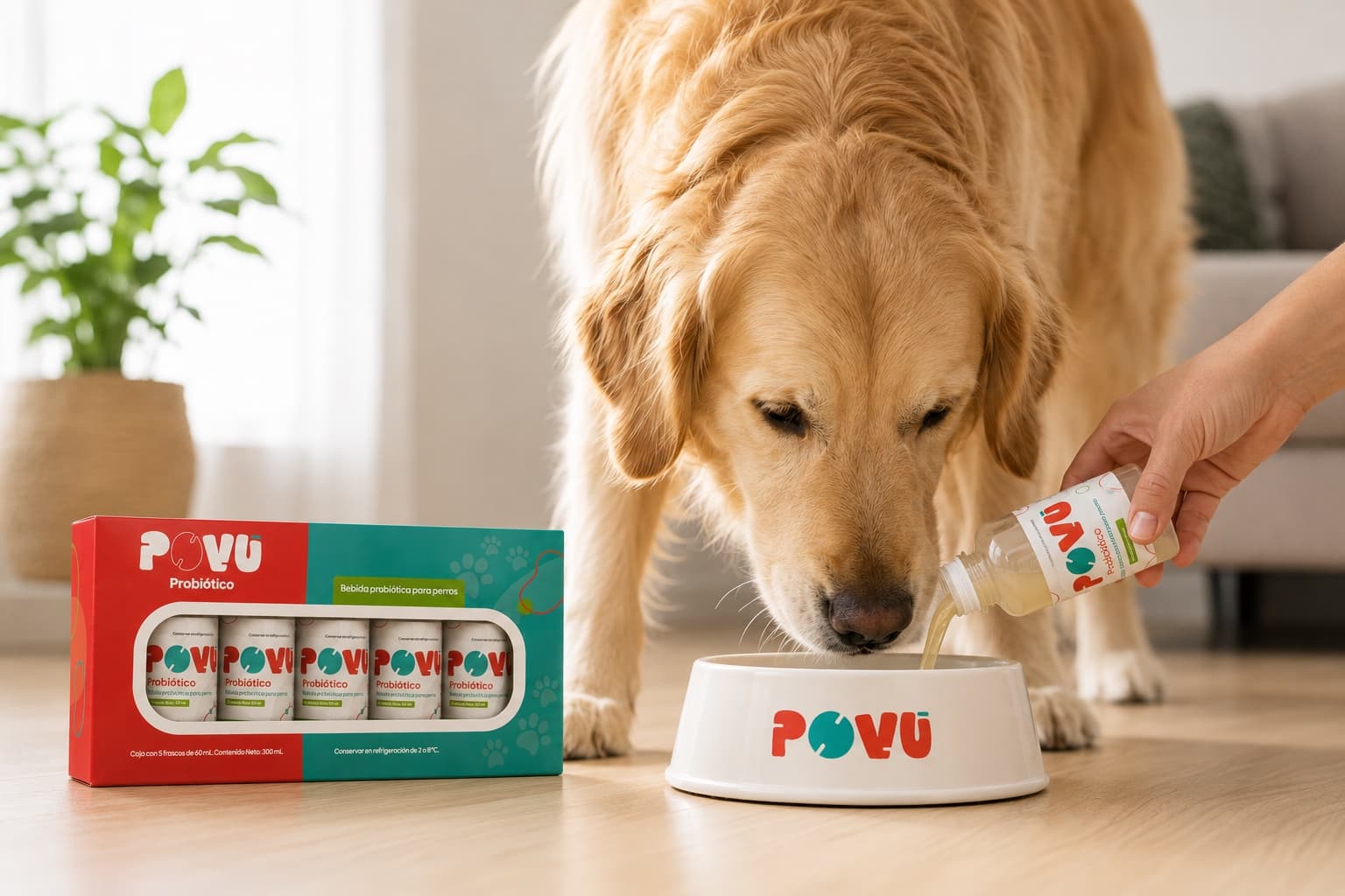 Golden retriever bebiendo POVU servido en su plato, junto a la caja de 5 frascos